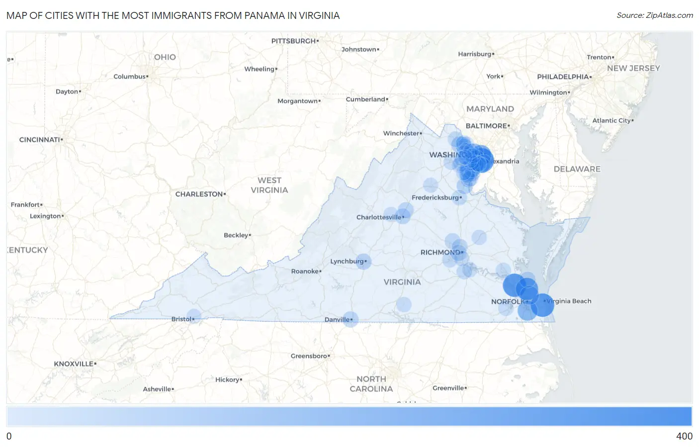 Cities with the Most Immigrants from Panama in Virginia Map
