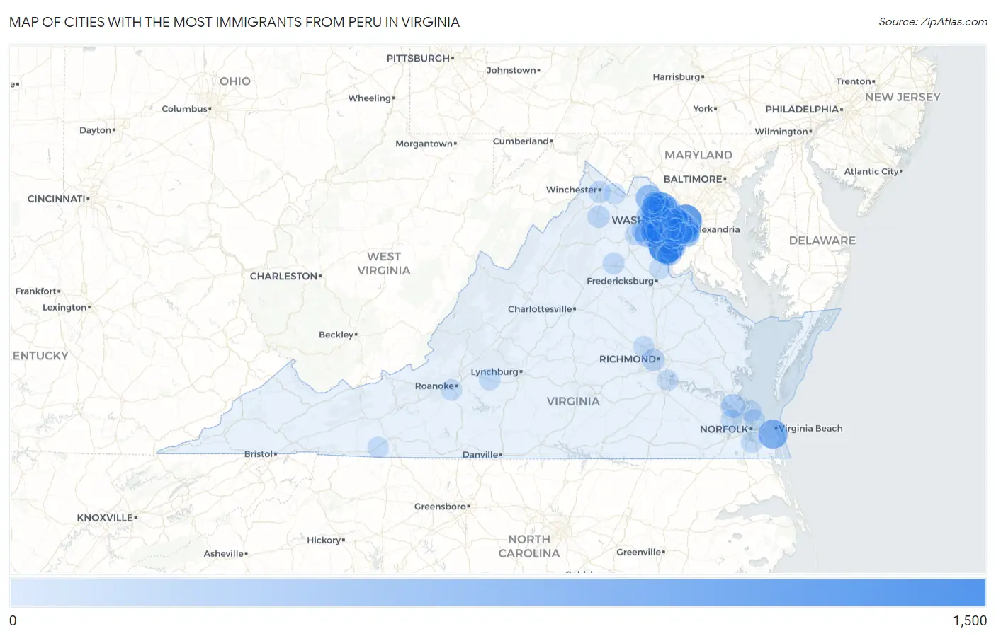 Cities with the Most Immigrants from Peru in Virginia Map