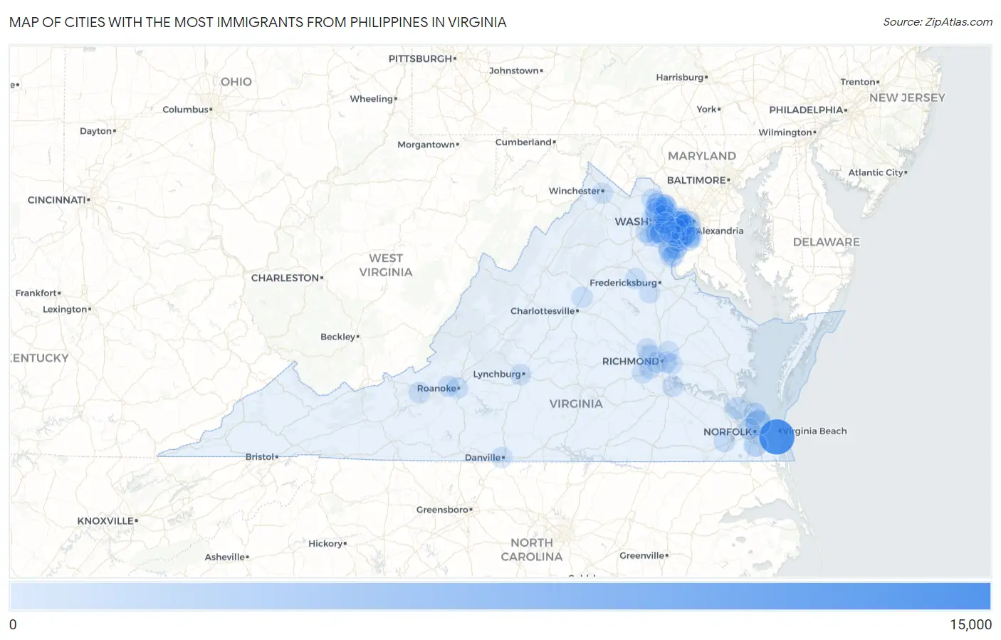 Cities with the Most Immigrants from Philippines in Virginia Map