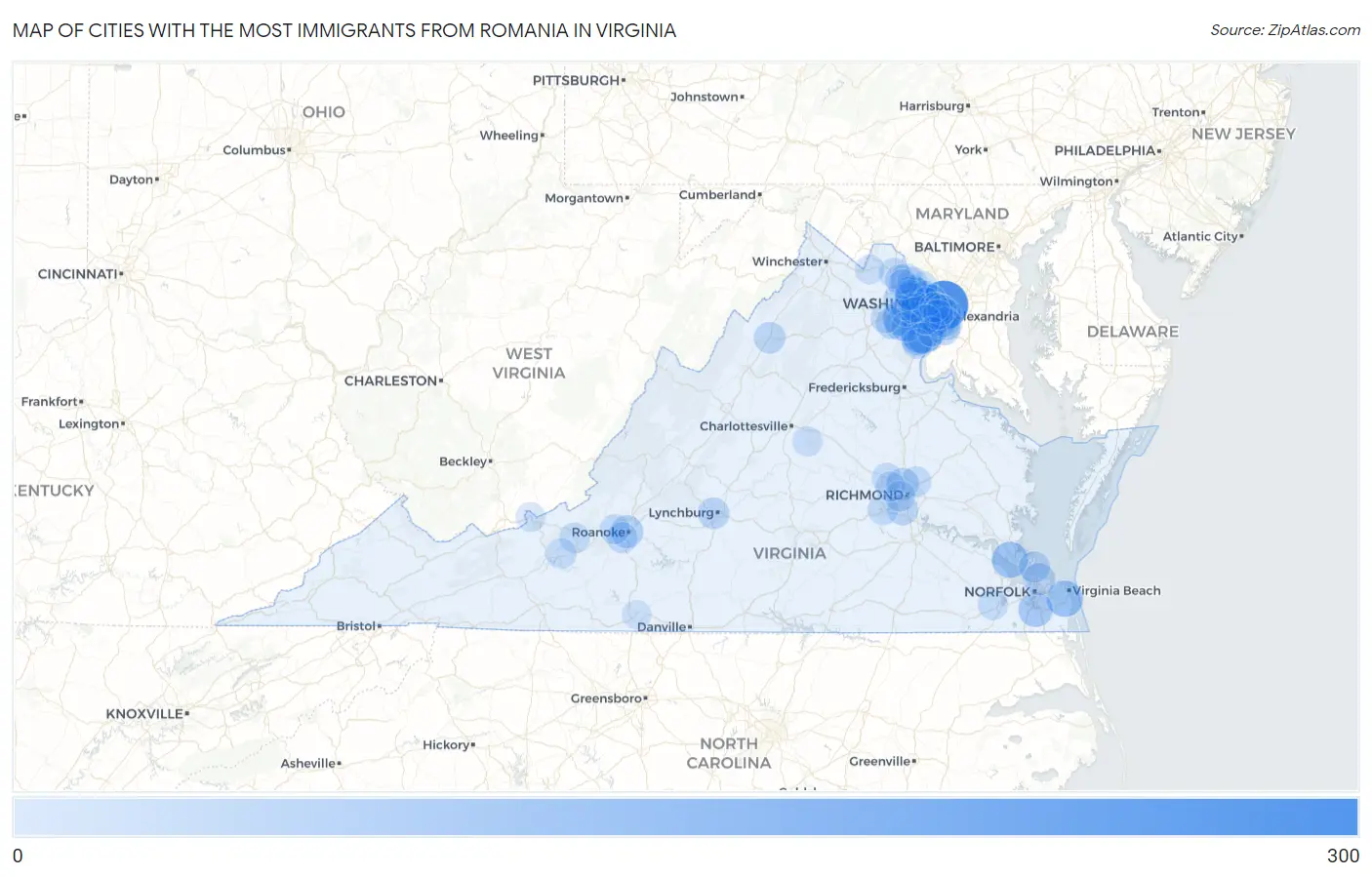 Cities with the Most Immigrants from Romania in Virginia Map