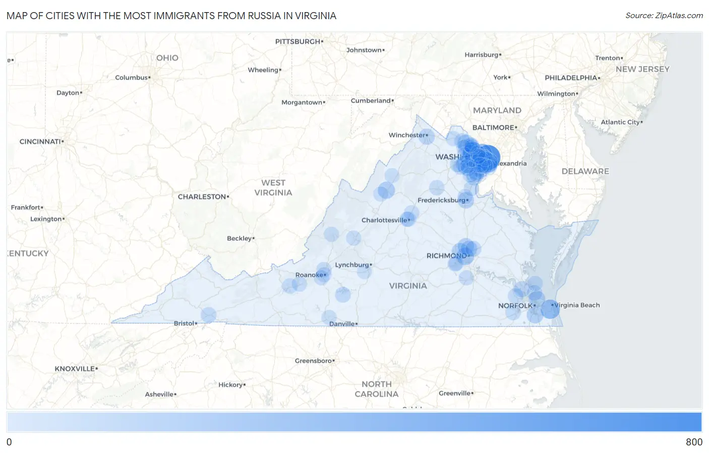 Cities with the Most Immigrants from Russia in Virginia Map
