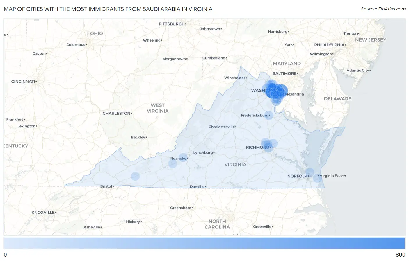 Cities with the Most Immigrants from Saudi Arabia in Virginia Map