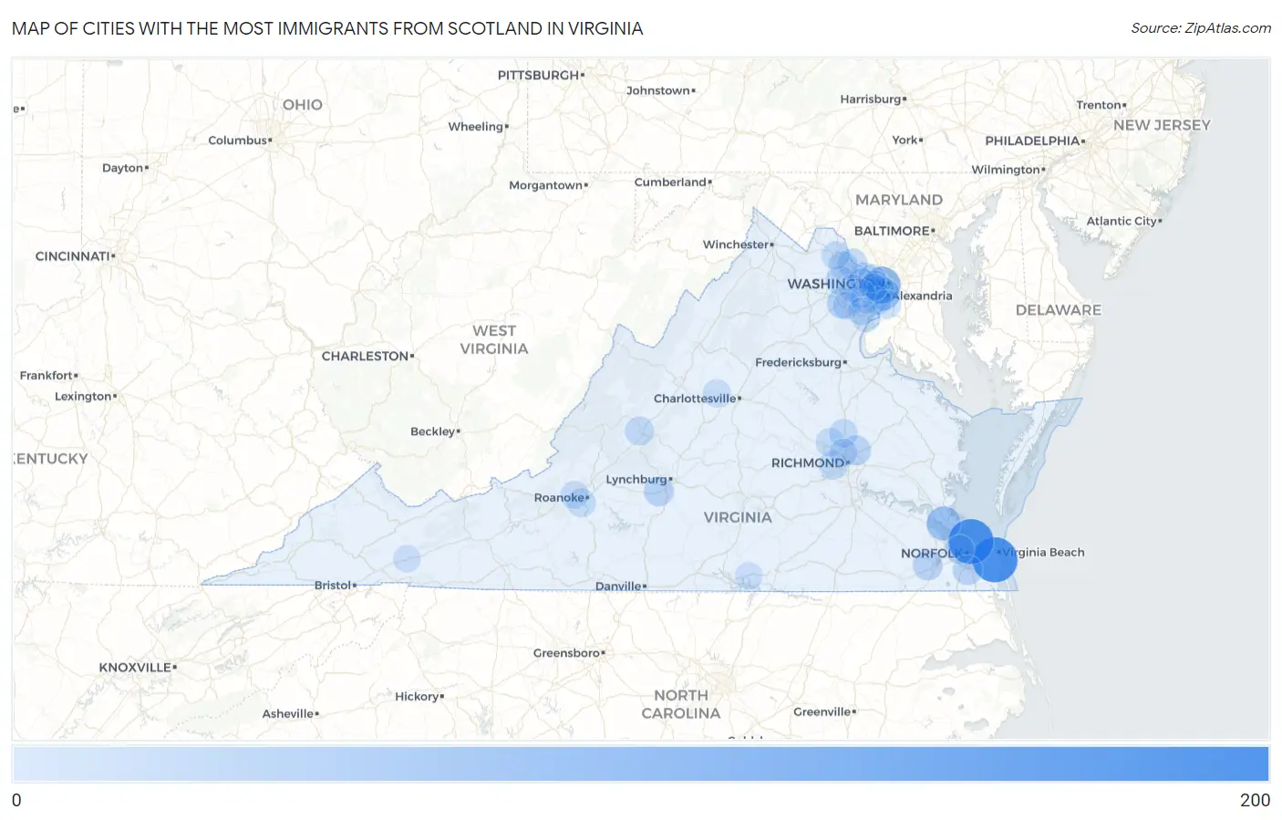Cities with the Most Immigrants from Scotland in Virginia Map