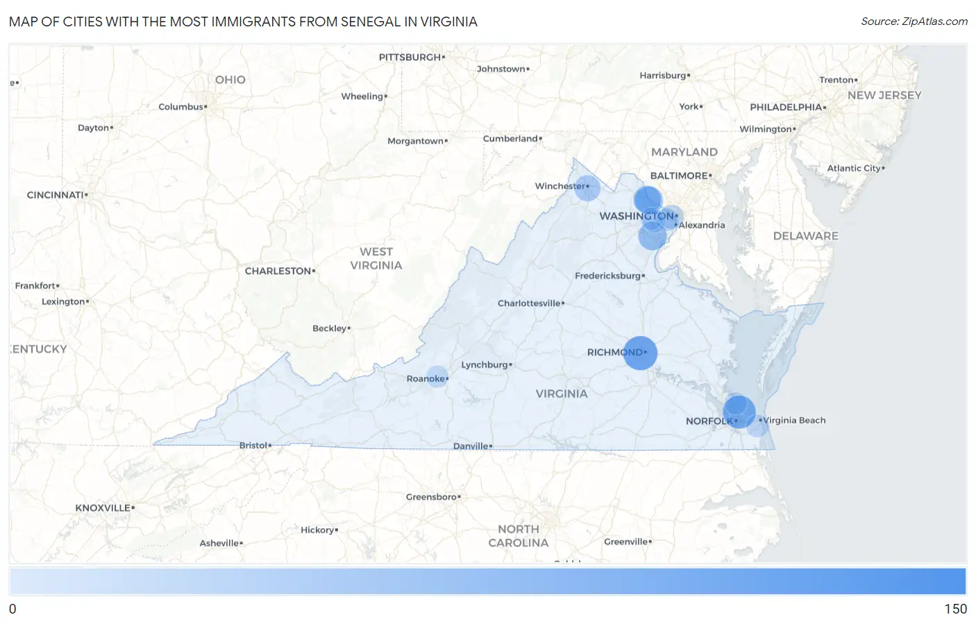 Cities with the Most Immigrants from Senegal in Virginia Map