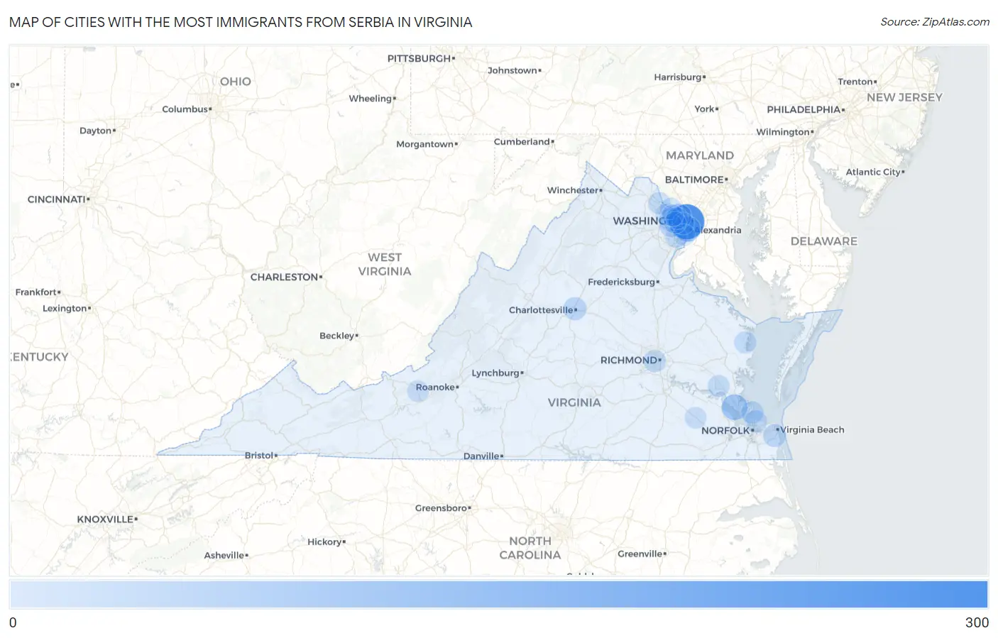 Cities with the Most Immigrants from Serbia in Virginia Map