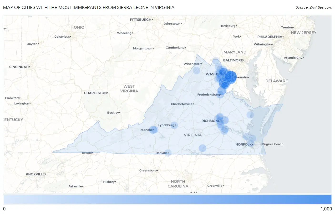 Cities with the Most Immigrants from Sierra Leone in Virginia Map