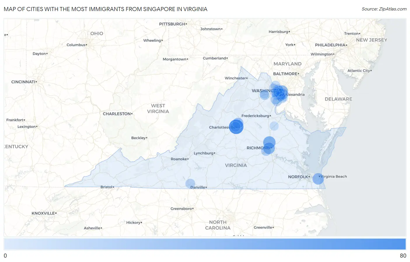 Cities with the Most Immigrants from Singapore in Virginia Map