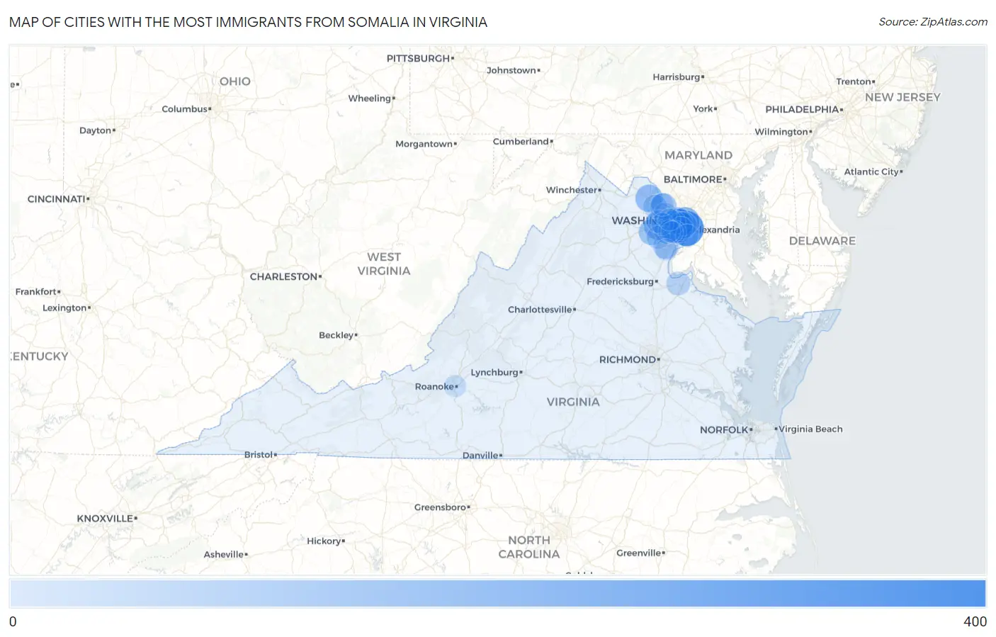 Cities with the Most Immigrants from Somalia in Virginia Map
