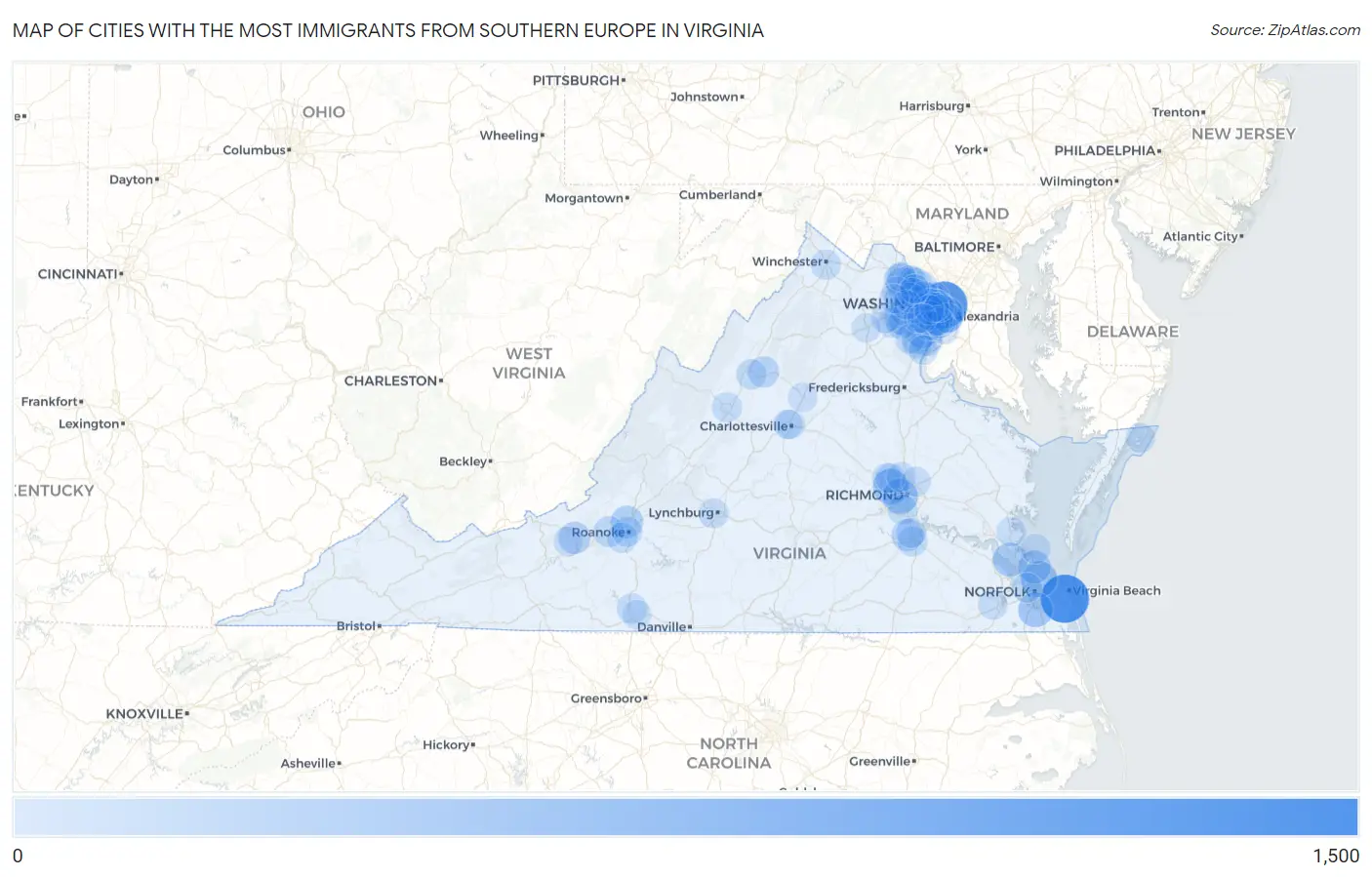 Cities with the Most Immigrants from Southern Europe in Virginia Map