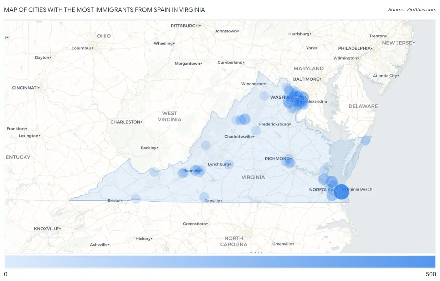 Cities with the Most Immigrants from Spain in Virginia Map