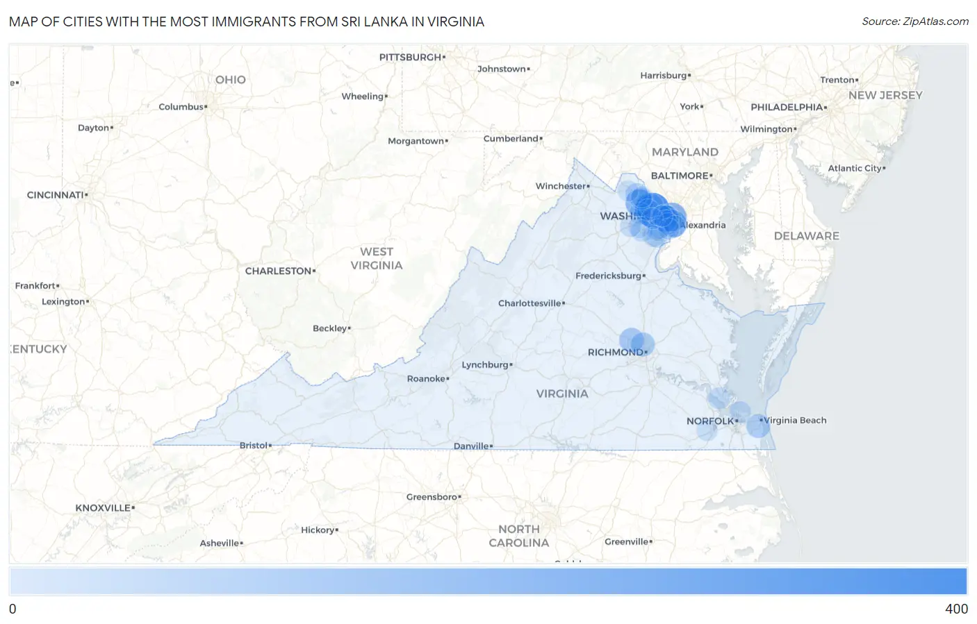 Cities with the Most Immigrants from Sri Lanka in Virginia Map