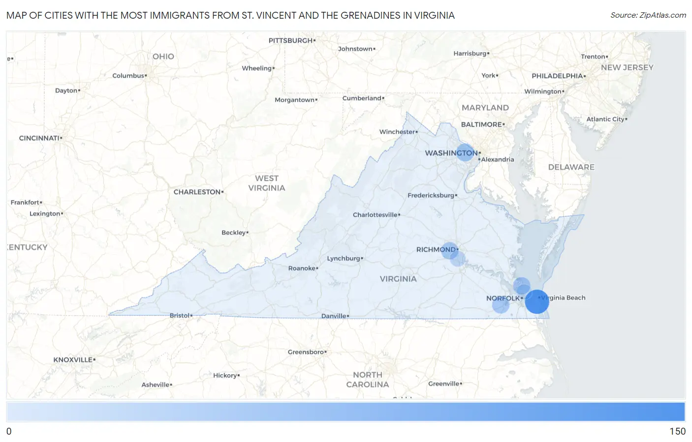 Cities with the Most Immigrants from St. Vincent and the Grenadines in Virginia Map