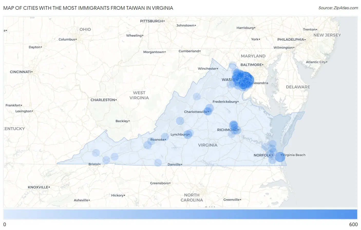 Cities with the Most Immigrants from Taiwan in Virginia Map