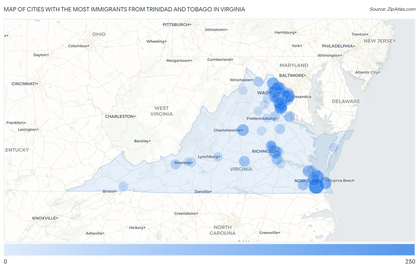 Cities with the Most Immigrants from Trinidad and Tobago in Virginia Map