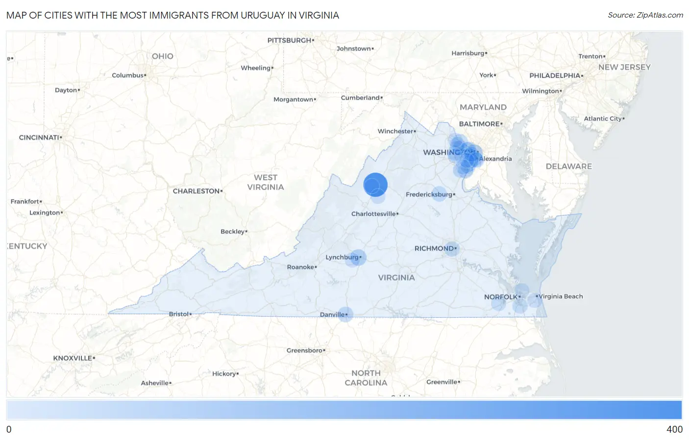 Cities with the Most Immigrants from Uruguay in Virginia Map