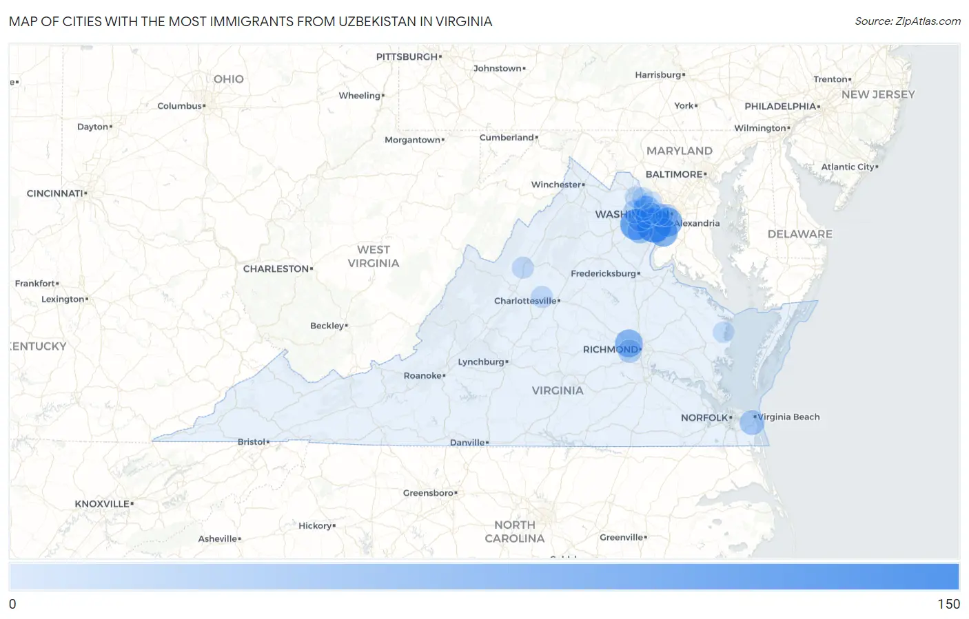 Cities with the Most Immigrants from Uzbekistan in Virginia Map