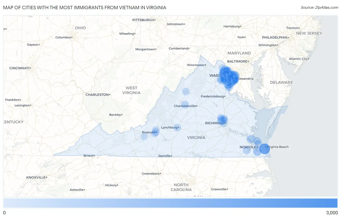 Cities with the Most Immigrants from Vietnam in Virginia Map