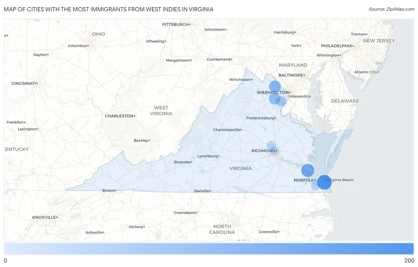 Cities with the Most Immigrants from West Indies in Virginia Map