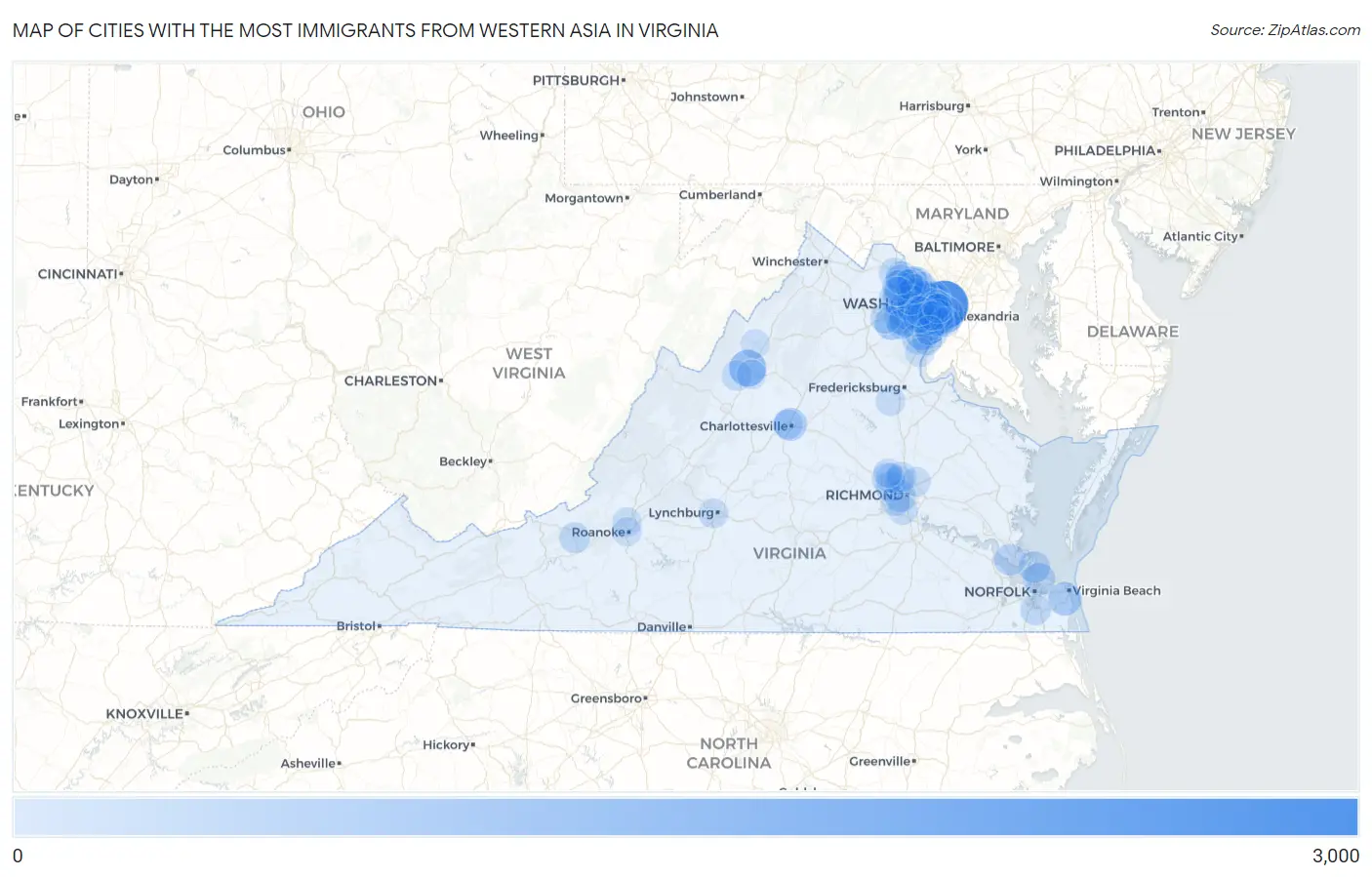 Cities with the Most Immigrants from Western Asia in Virginia Map