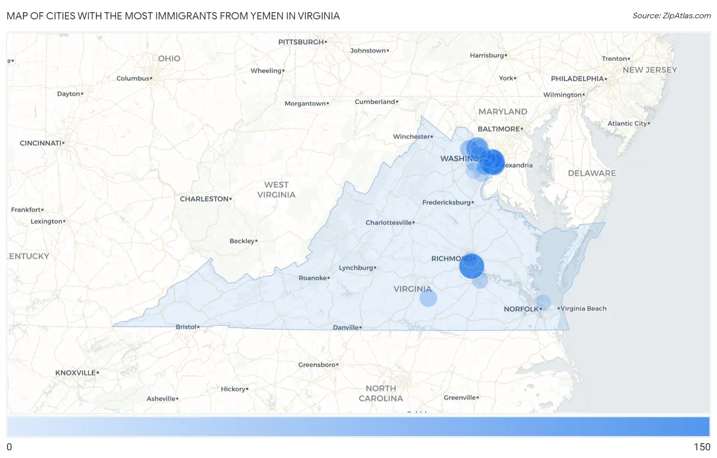 Cities with the Most Immigrants from Yemen in Virginia Map