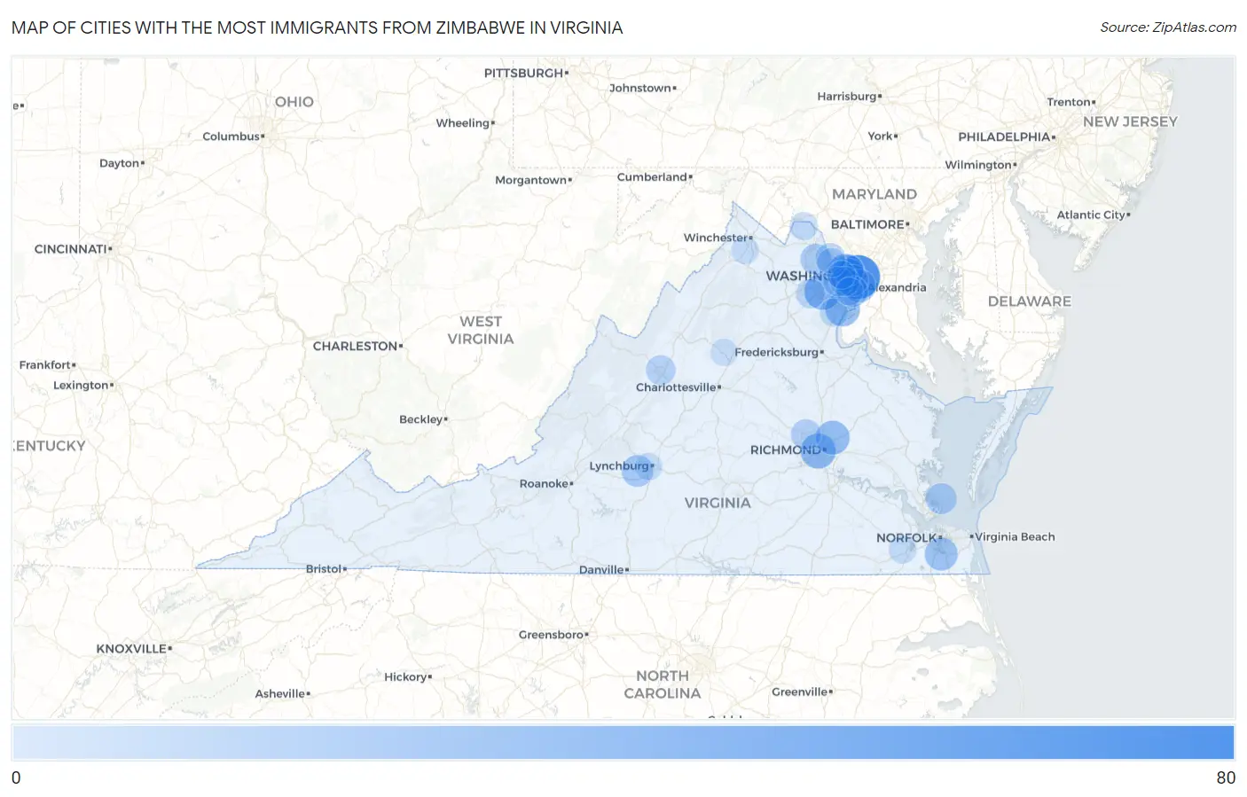 Cities with the Most Immigrants from Zimbabwe in Virginia Map