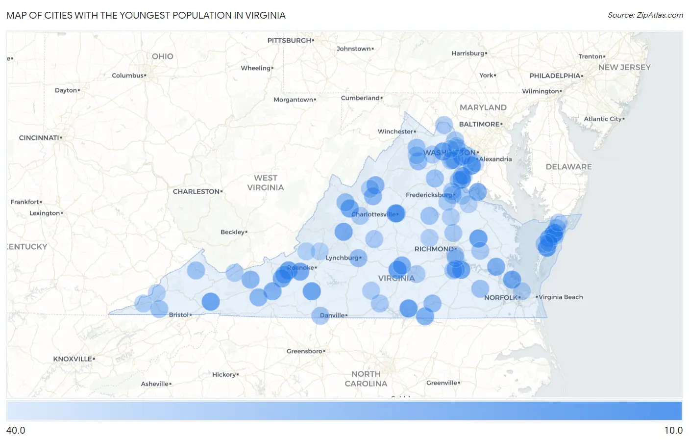 Cities with the Youngest Population in Virginia Map