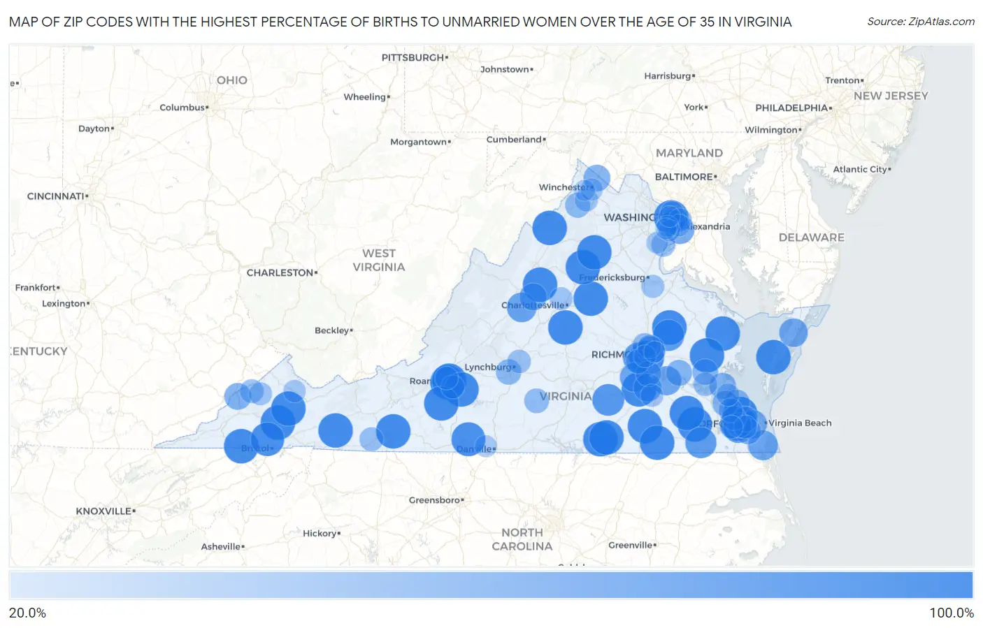 Zip Codes with the Highest Percentage of Births to Unmarried Women over the Age of 35 in Virginia Map