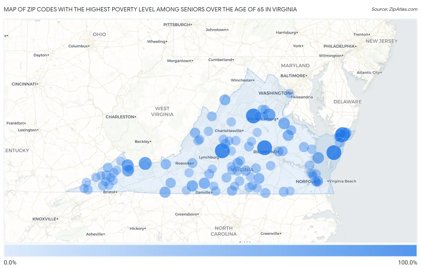 Zip Codes with the Highest Poverty Level Among Seniors Over the Age of 65 in Virginia Map
