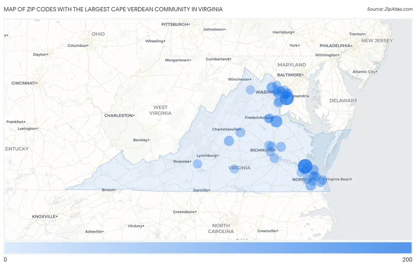 Zip Codes with the Largest Cape Verdean Community in Virginia Map