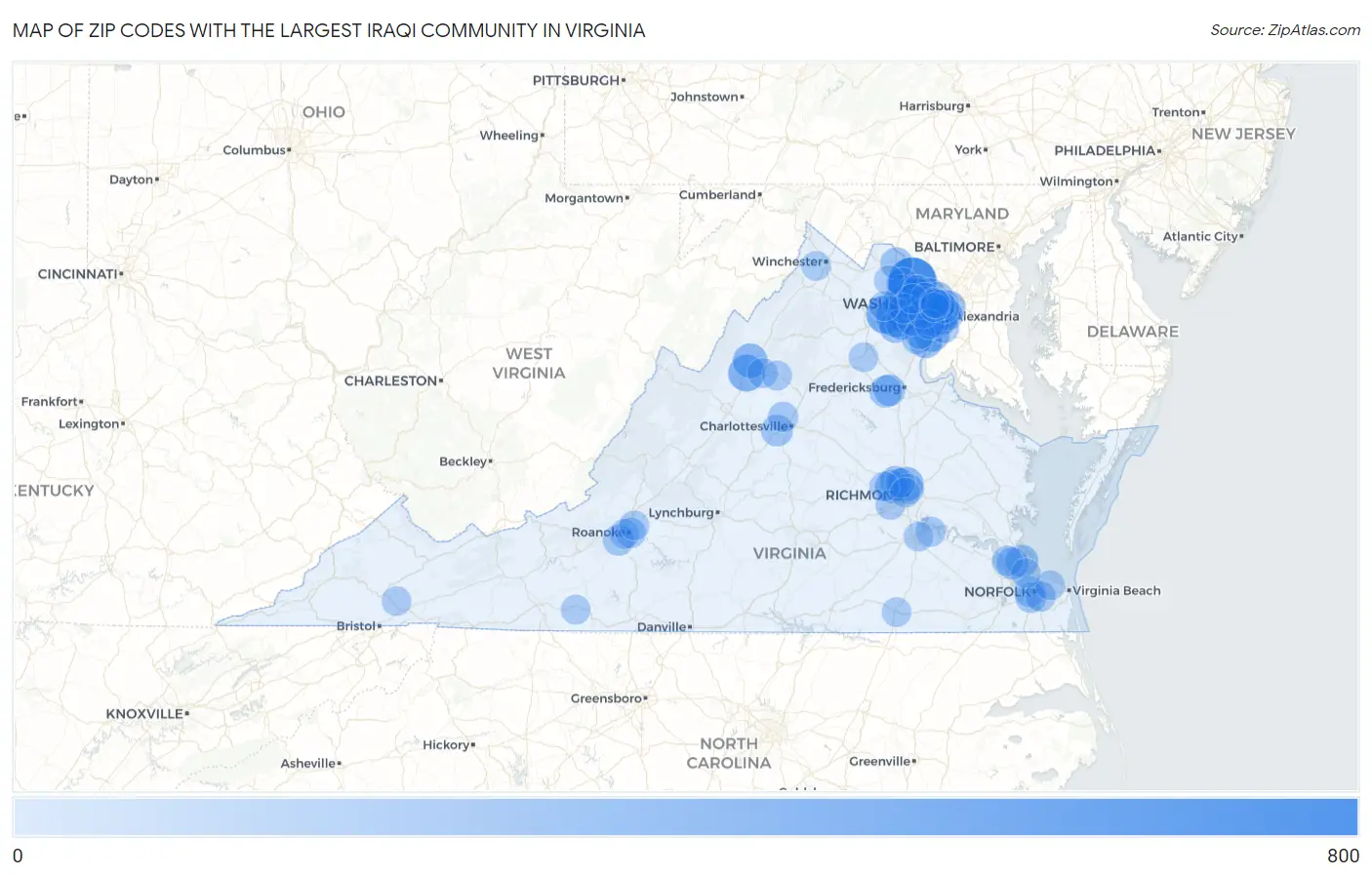 Zip Codes with the Largest Iraqi Community in Virginia Map