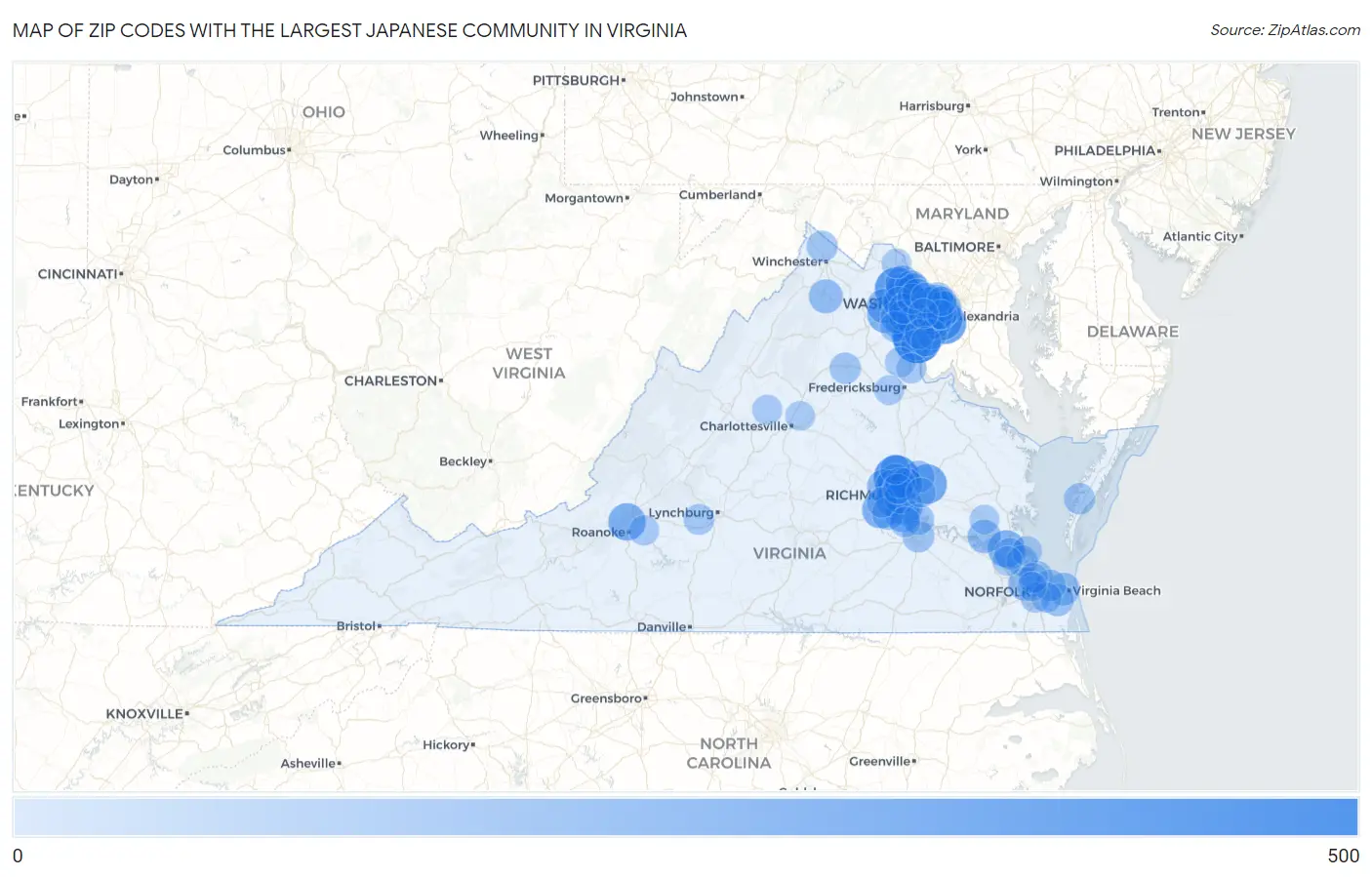 Zip Codes with the Largest Japanese Community in Virginia Map
