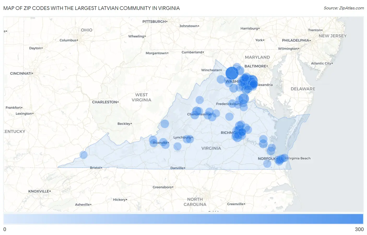 Zip Codes with the Largest Latvian Community in Virginia Map