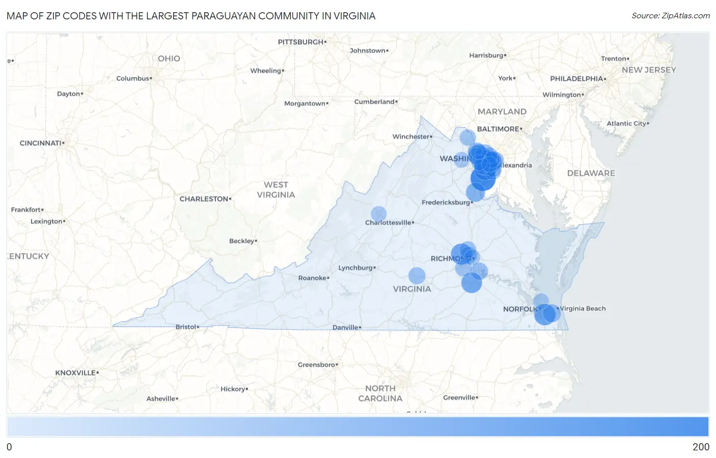 Zip Codes with the Largest Paraguayan Community in Virginia Map