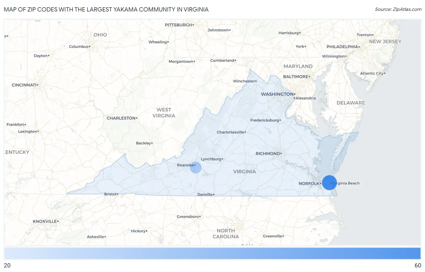 Zip Codes with the Largest Yakama Community in Virginia Map