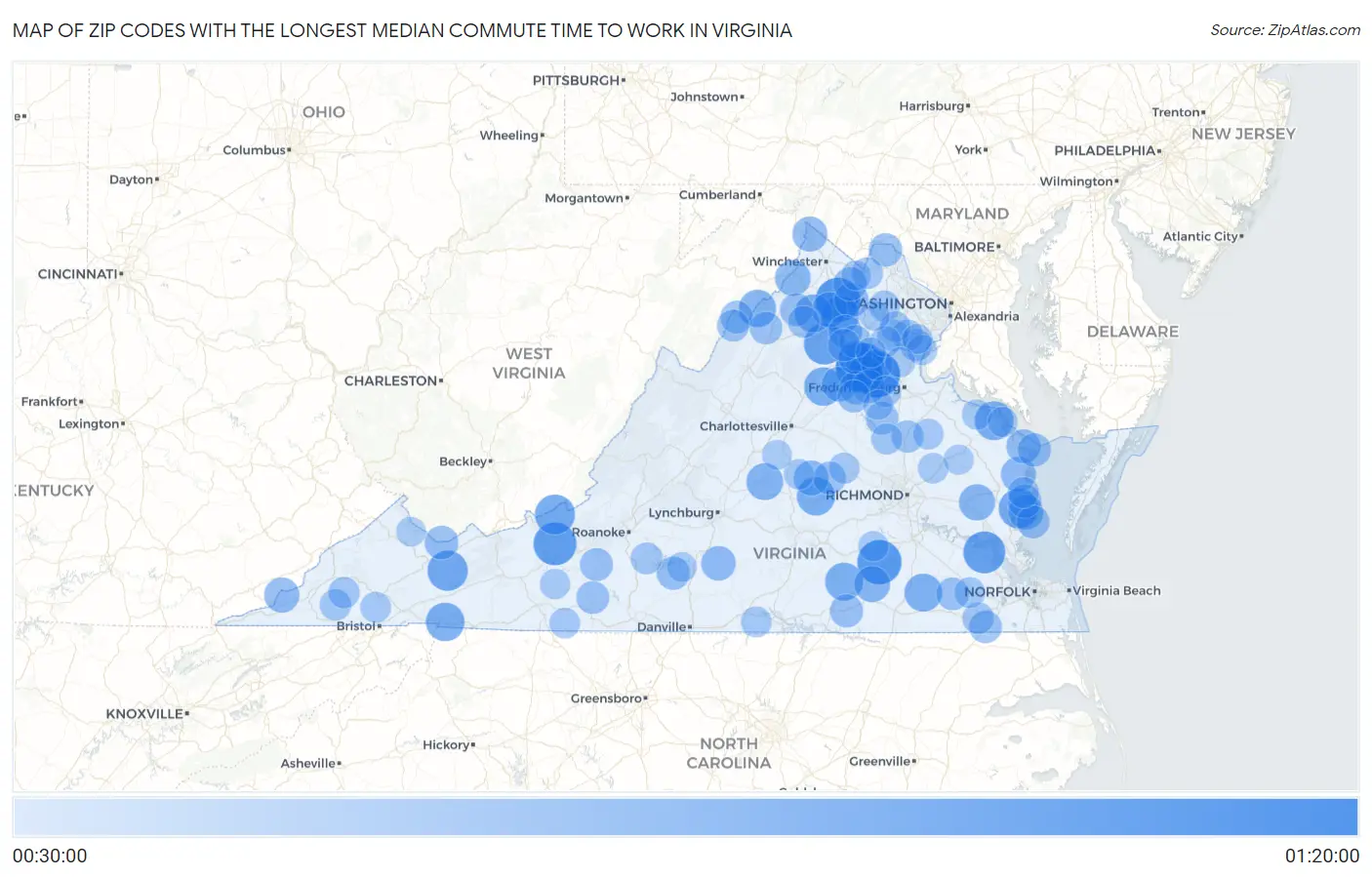 Zip Codes with the Longest Median Commute Time to Work in Virginia Map