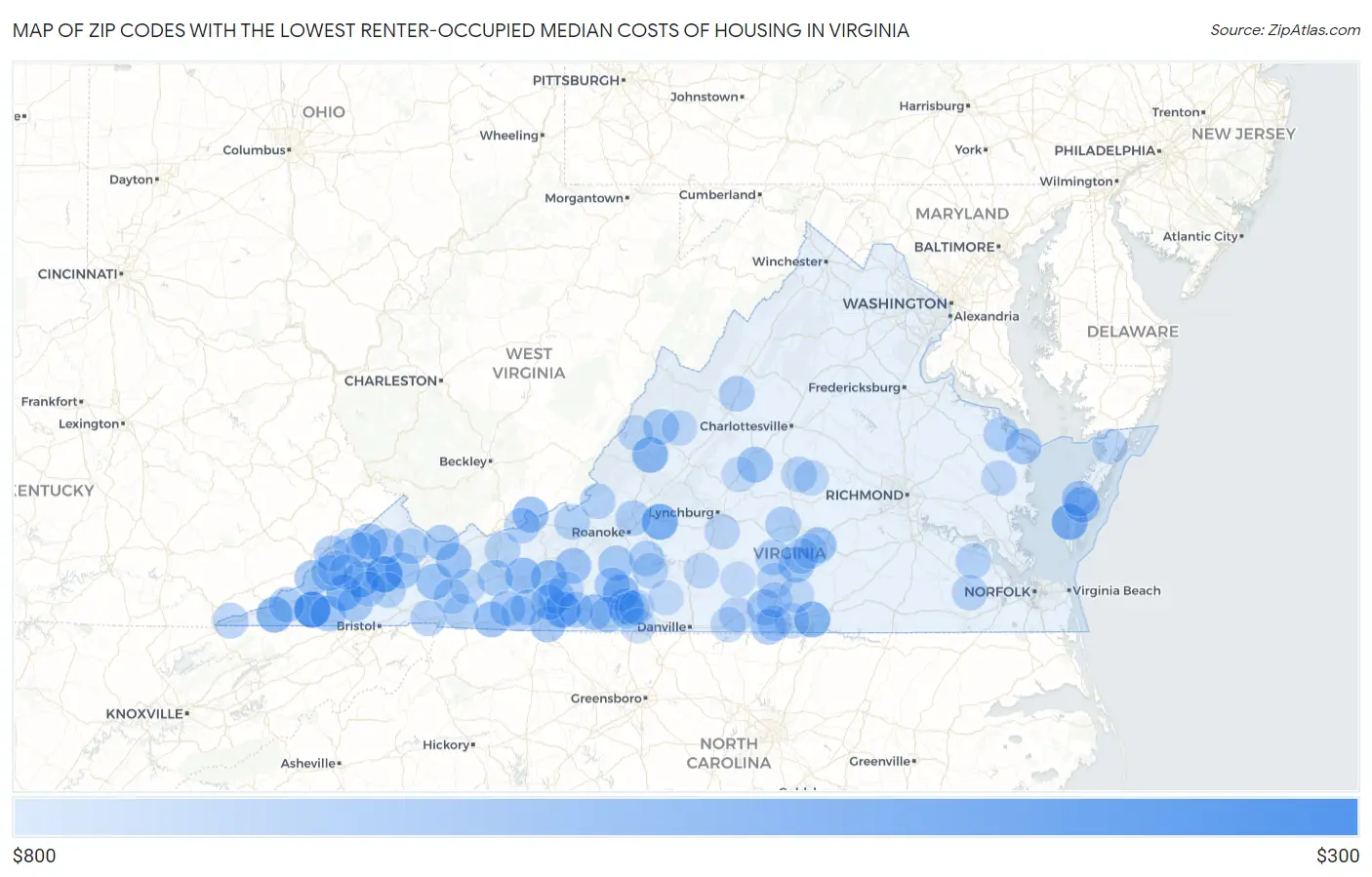 Zip Codes with the Lowest Renter-Occupied Median Costs of Housing in Virginia Map