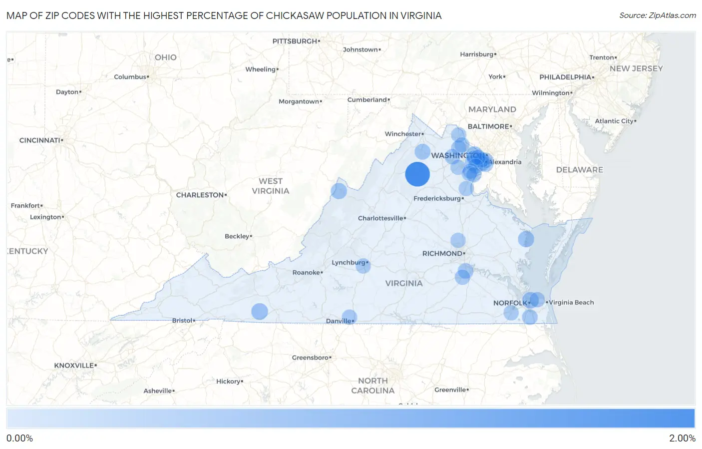 Zip Codes with the Highest Percentage of Chickasaw Population in Virginia Map