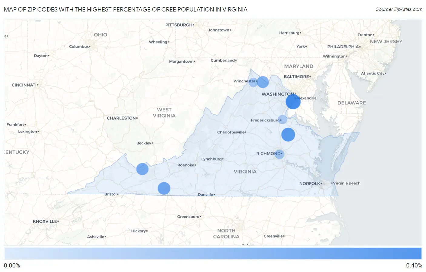 Zip Codes with the Highest Percentage of Cree Population in Virginia Map