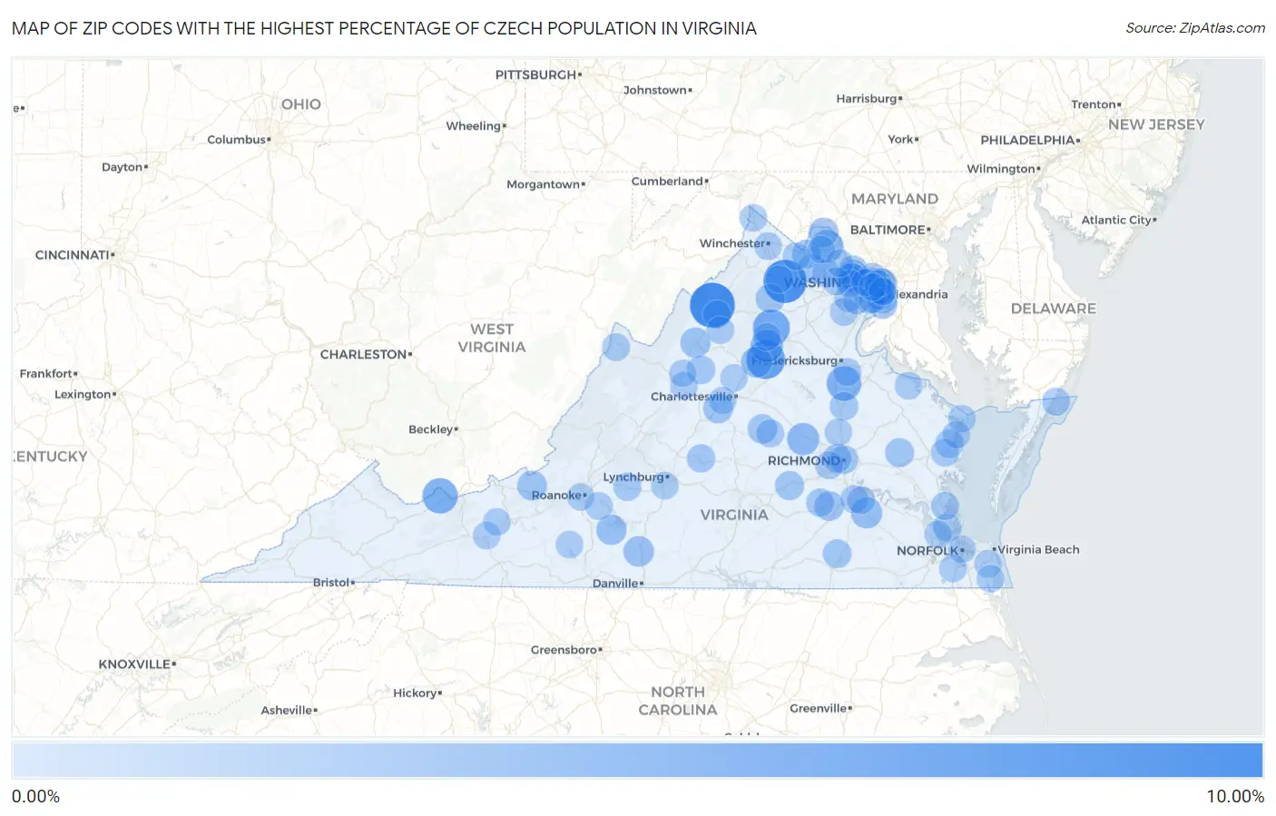 Zip Codes with the Highest Percentage of Czech Population in Virginia Map