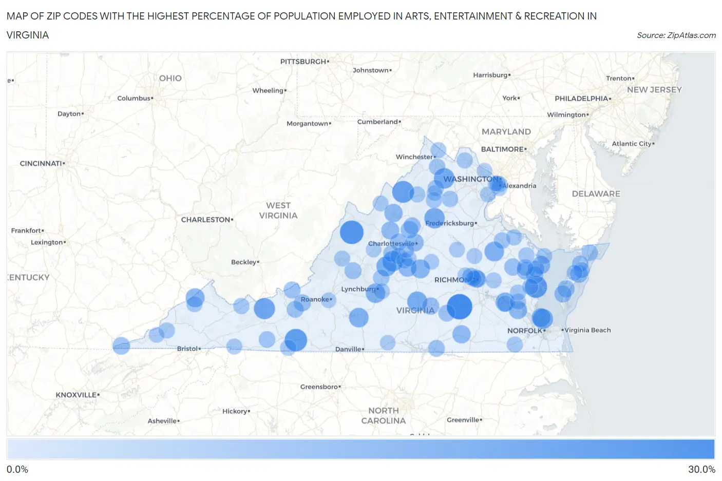 Zip Codes with the Highest Percentage of Population Employed in Arts, Entertainment & Recreation in Virginia Map