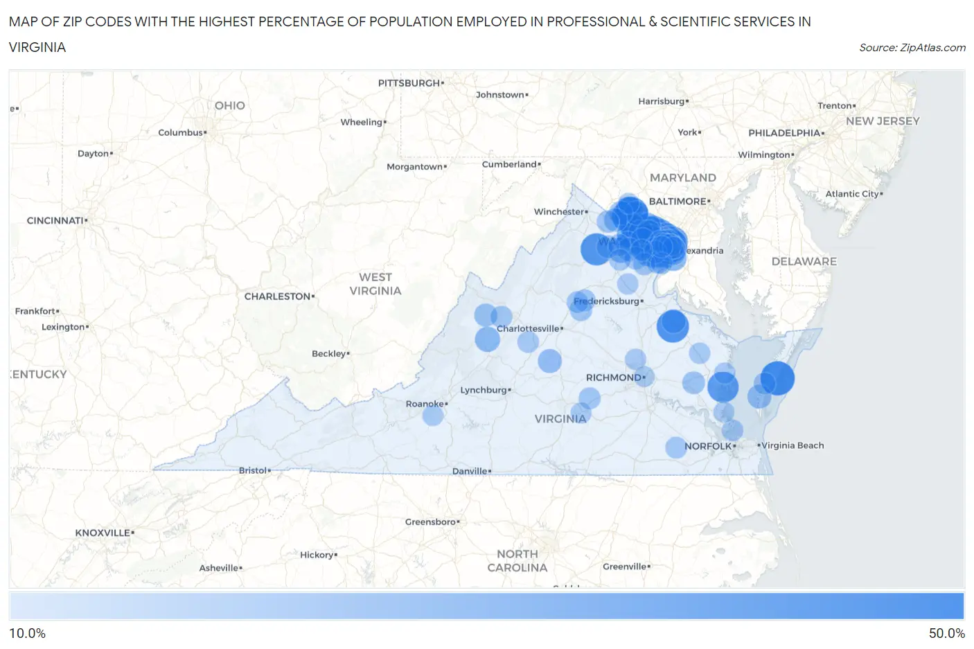 Zip Codes with the Highest Percentage of Population Employed in Professional & Scientific Services in Virginia Map