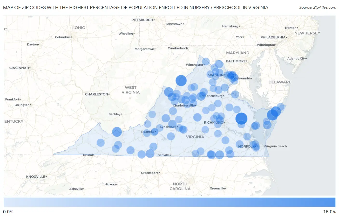 Zip Codes with the Highest Percentage of Population Enrolled in Nursery / Preschool in Virginia Map