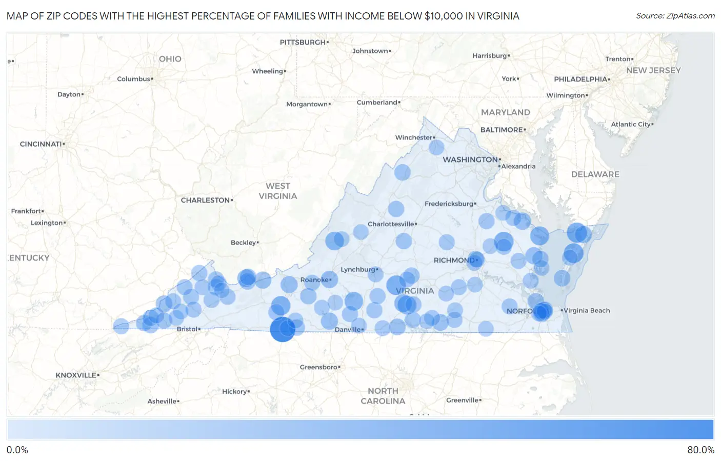 Zip Codes with the Highest Percentage of Families with Income Below $10,000 in Virginia Map