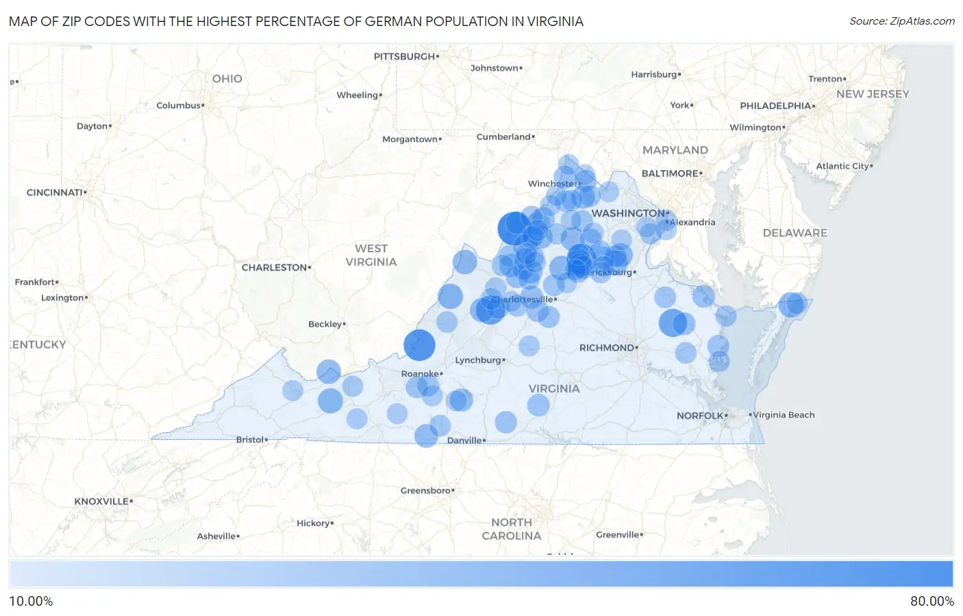 Zip Codes with the Highest Percentage of German Population in Virginia Map