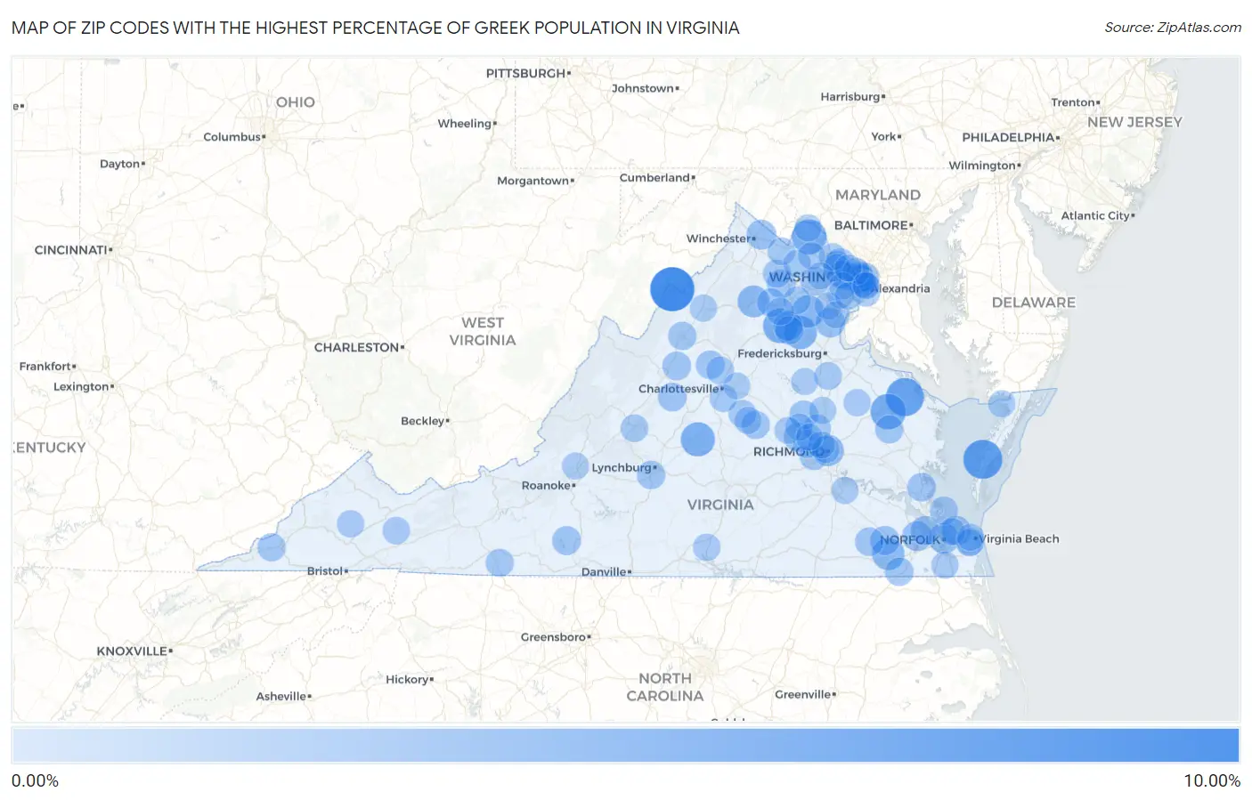 Zip Codes with the Highest Percentage of Greek Population in Virginia Map