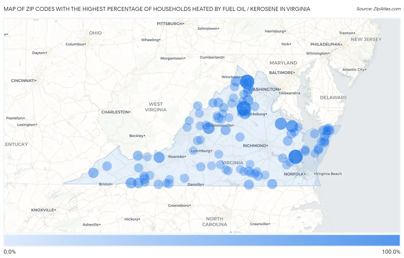 Zip Codes with the Highest Percentage of Households Heated by Fuel Oil / Kerosene in Virginia Map