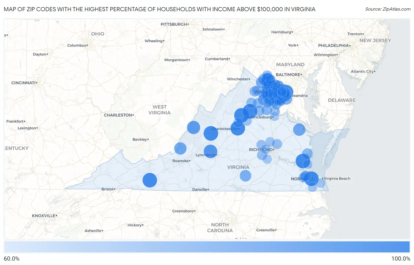 Zip Codes with the Highest Percentage of Households with Income Above $100,000 in Virginia Map