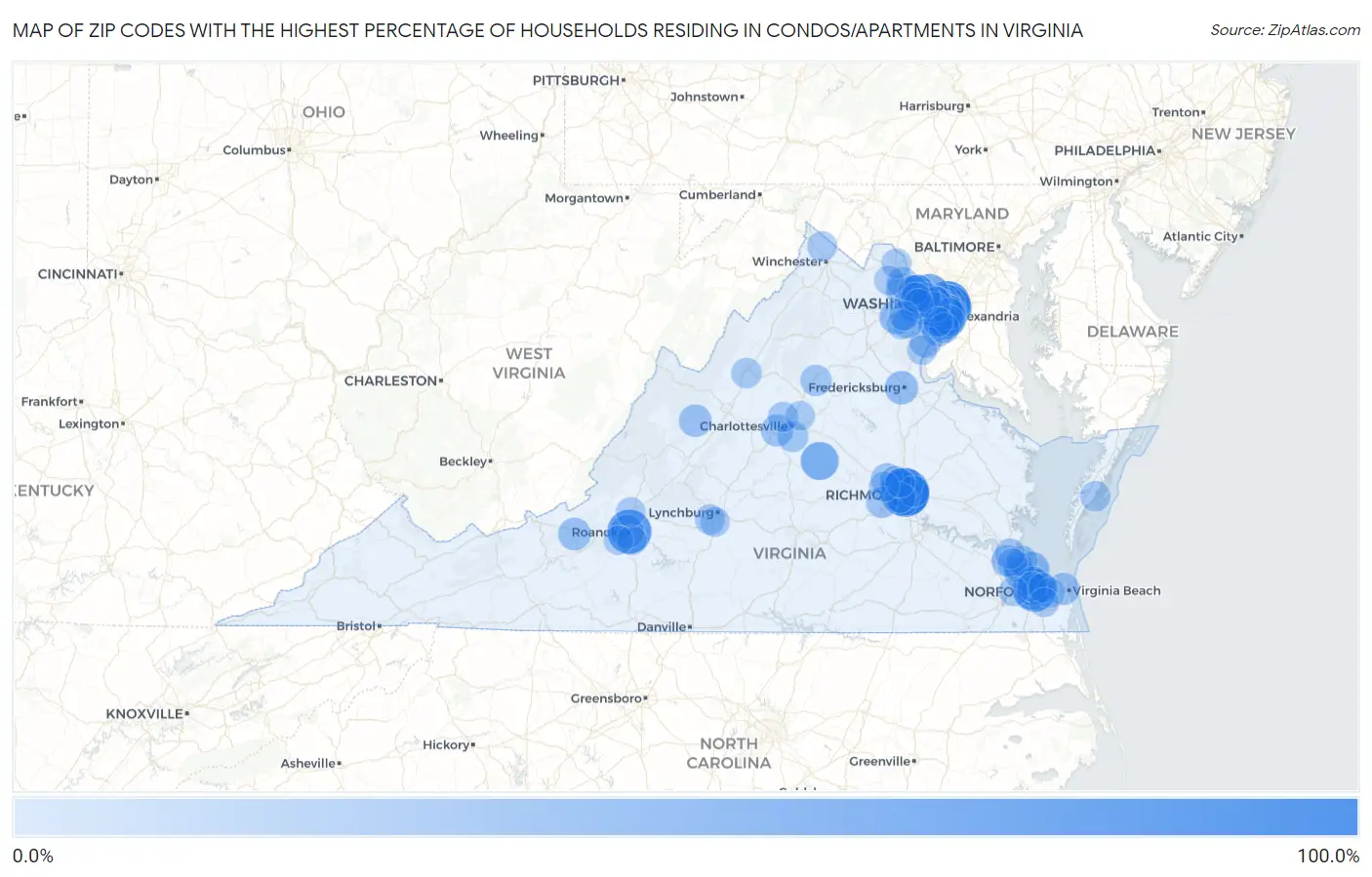 Zip Codes with the Highest Percentage of Households Residing in Condos/Apartments in Virginia Map