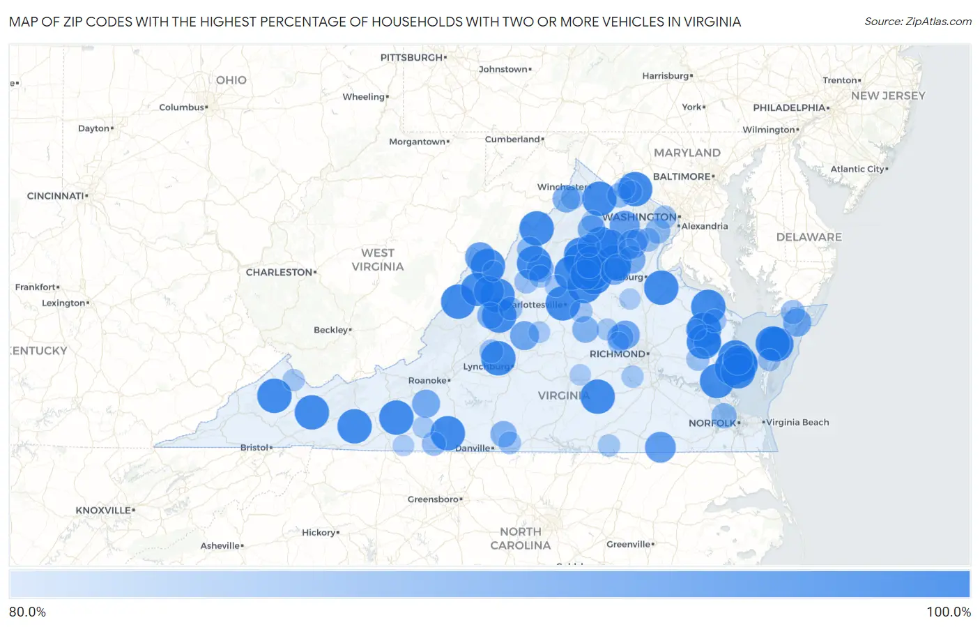 Zip Codes with the Highest Percentage of Households With Two or more Vehicles in Virginia Map