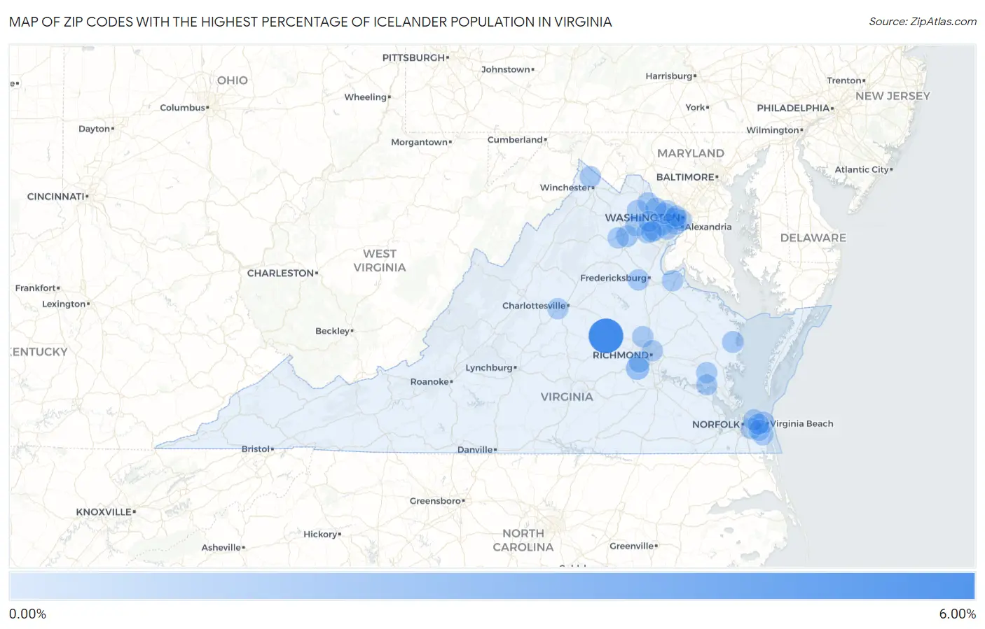 Zip Codes with the Highest Percentage of Icelander Population in Virginia Map